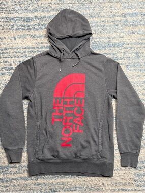 The North Face Men's Charcoal Gray Crewneck Hoodie with Red Logo Size S